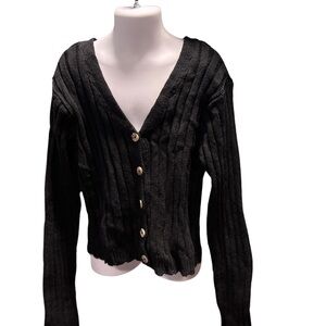 Art Class Cardigan Girls L 10/12 Black Ribbed V-neck Crop Long Sleeve Sweater